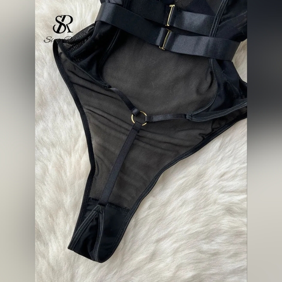Black Strapy Mesh Corset Bodysuit. - Picture 2 of 5